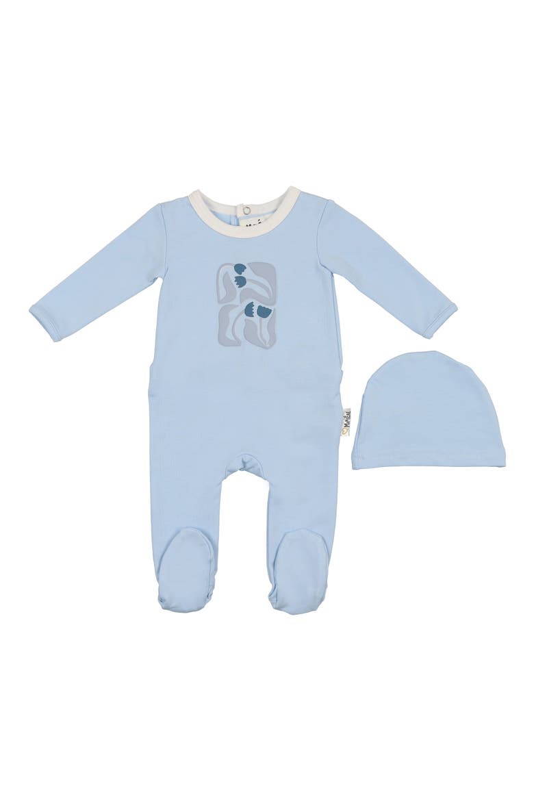 Puff Paint Flower Footie & Hat Set, Main, color, PALE BLUE