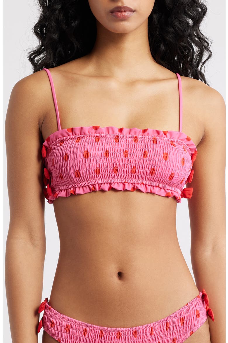 Polka Dot Smocked Bow Bandeau Bikini Top, Main, color, PINK