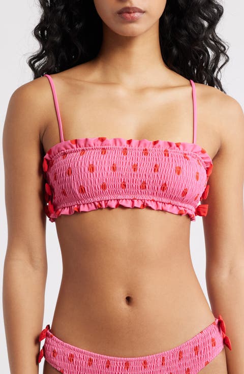Polka Dot Smocked Bow Bandeau Bikini Top