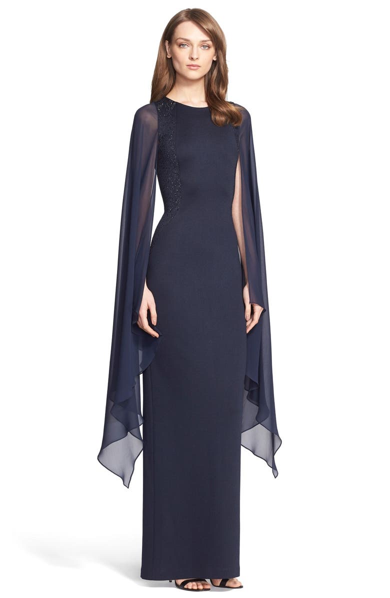 St. John Collection Embellished Angel Sleeve Matte Shine Milano Knit Gown, Main, color,