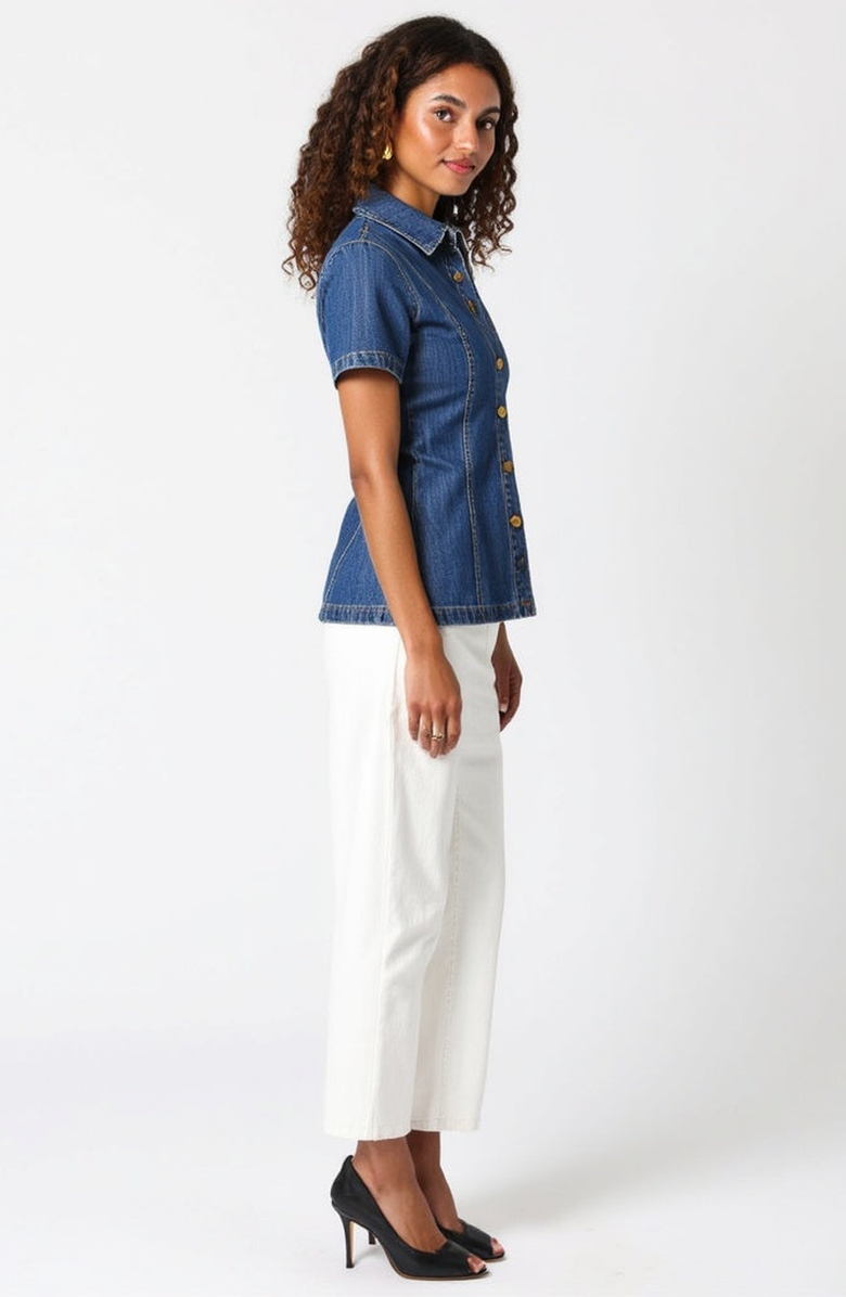 Modenaire Fitted Denim Short-Sleeve Button-Front Shirt, Alternate, color, Denim Blue