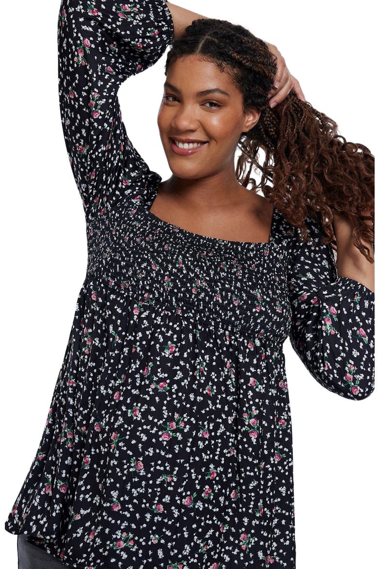 Smocked Square Neck Long Sleeve Babydoll Maternity Top, Alternate, color, Black Ditsy