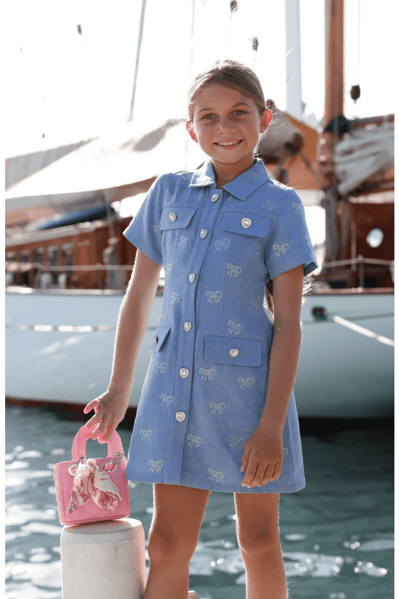 Shimmer Bows Denim Dress, Alternate, color, Blue