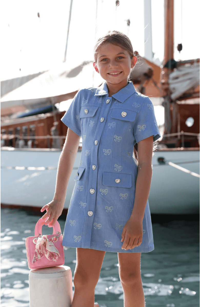 Lola + The Boys Shimmer Bows Denim Dress, Alternate, color, Blue