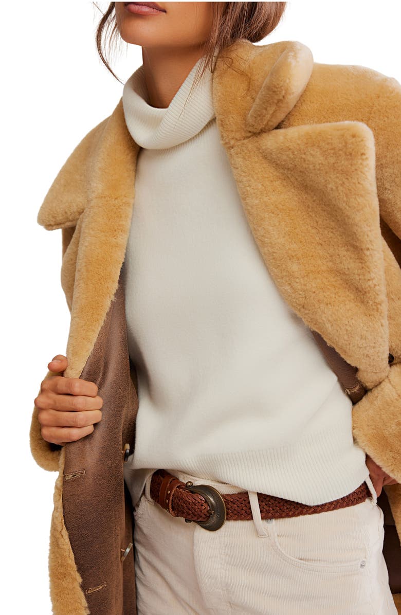 Free People Mari Double Breasted Reversible Faux Shearling Coat, Alternate, color, Tan Cream Combo