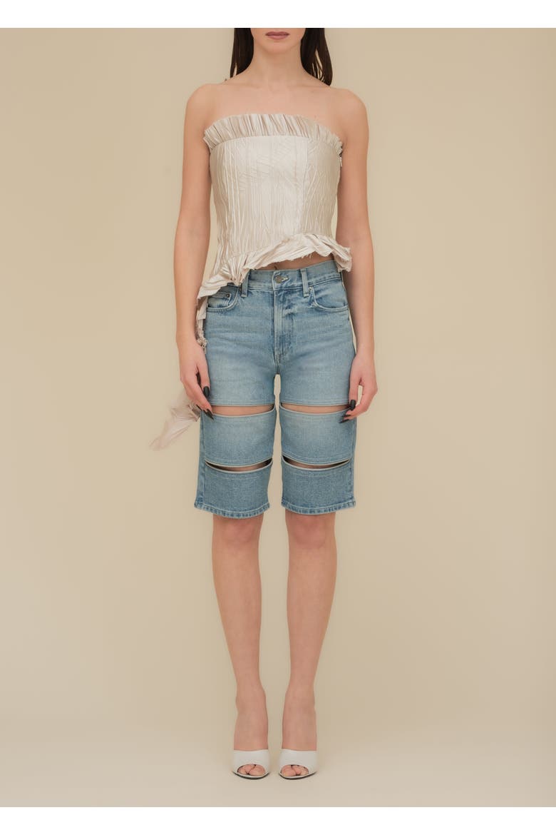 Arcana with Leather Trim Mid-Rise Slim Denim Jean Short, Alternate, color, Indigo Denim