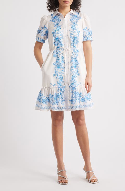 Floral Placement Print Puff Sleeve Shirtdress
