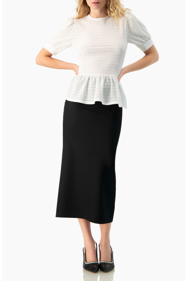 Tonal Stripe Textured See-Through Peplum Short-Sleeve Blouse, Alternate, color, White