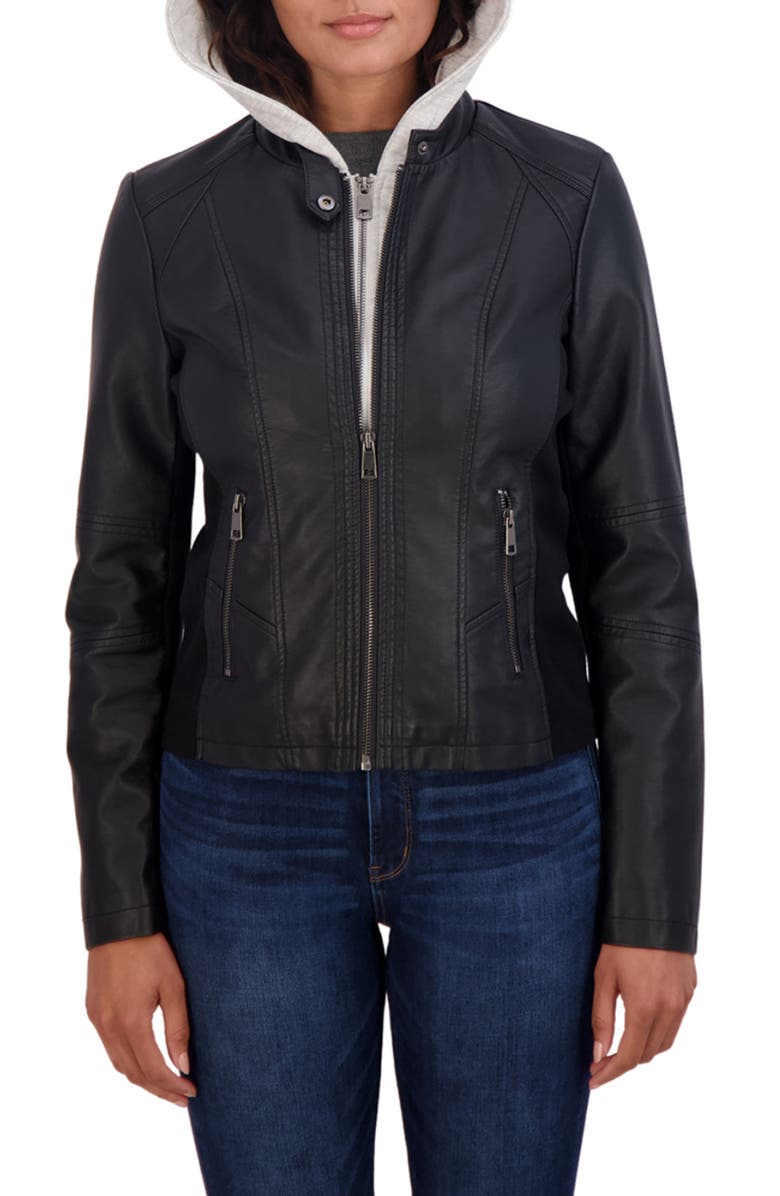 Sebby Fleece Bib Hooded Faux Leather Jacket, Alternate, color, 