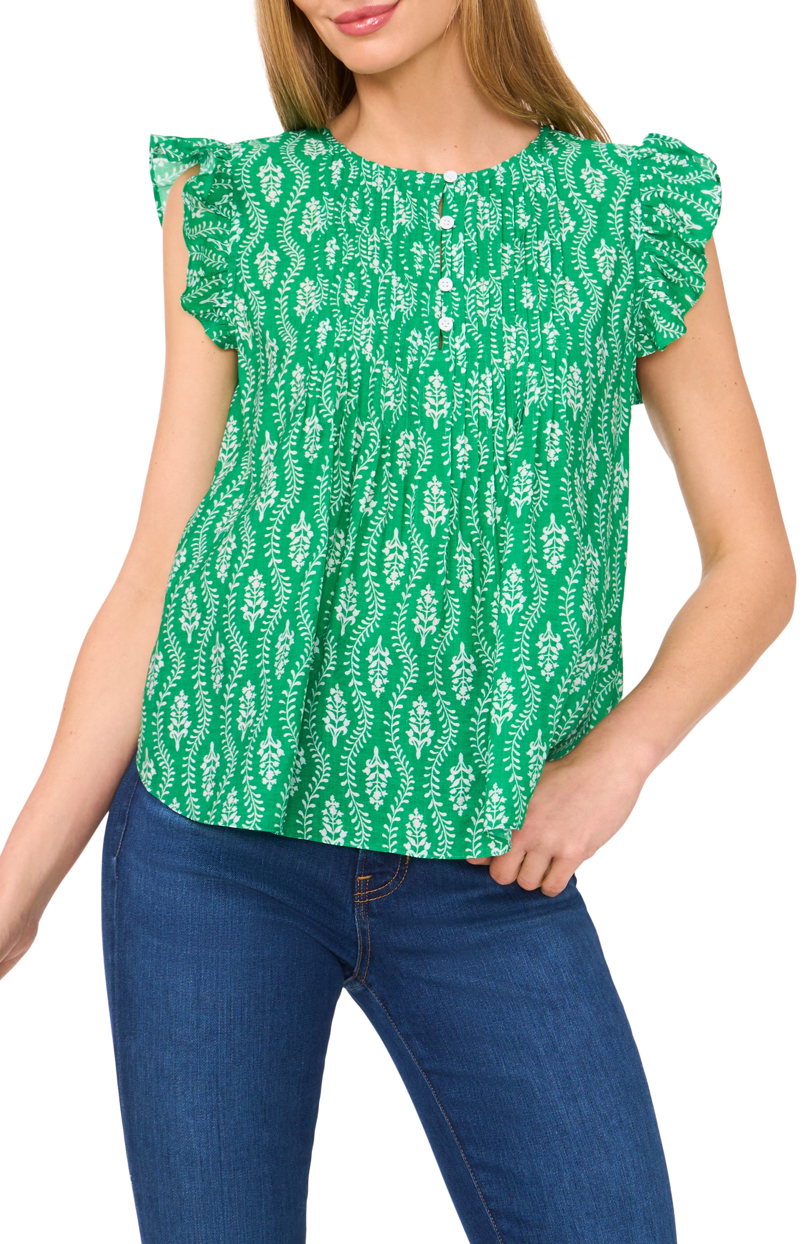 CeCe Floral Pintuck Pleat Top