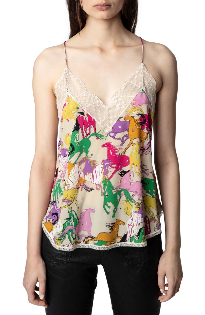 Zadig & Voltaire Christy Horse Print Silk Crêpe de Chine Camisole, Main, color,