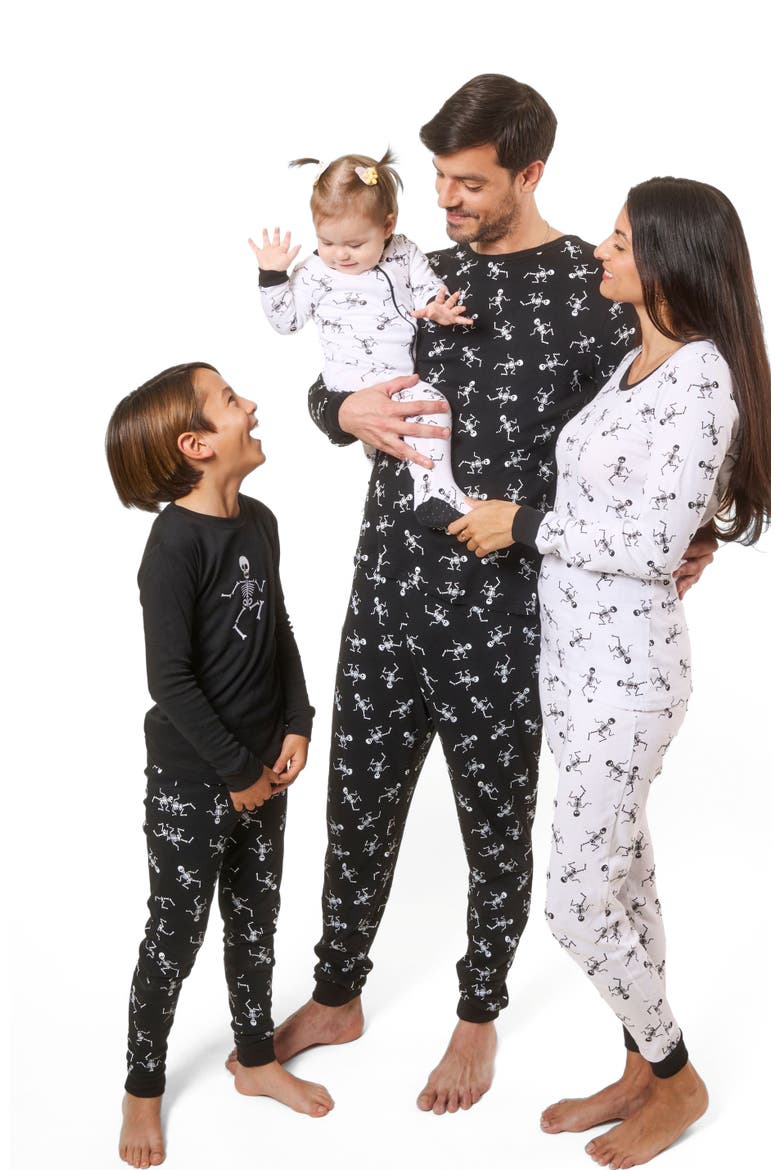 Kids Two-Piece Cotton Halloween Matching Family Pajamas, Fun Prints, Alternate, color, White Skeleton