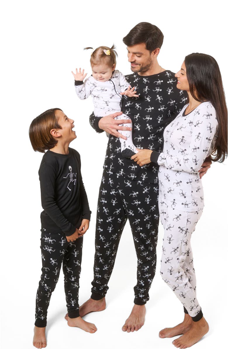 Leveret Kids Two-Piece Cotton Halloween Matching Family Pajamas, Fun Prints, Alternate, color, White Skeleton
