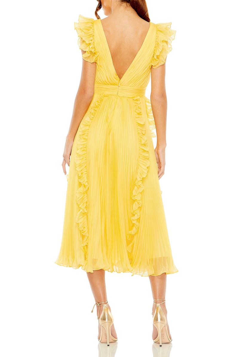 Mac Duggal Pleated Chiffon V Neck Ruffle Midi Dress, Alternate, color, Butter