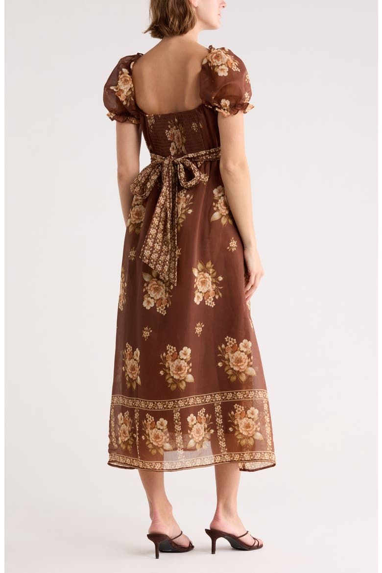 Puff Sleeve Chiffon Midi Dress, Alternate, color, BROWN MULTI