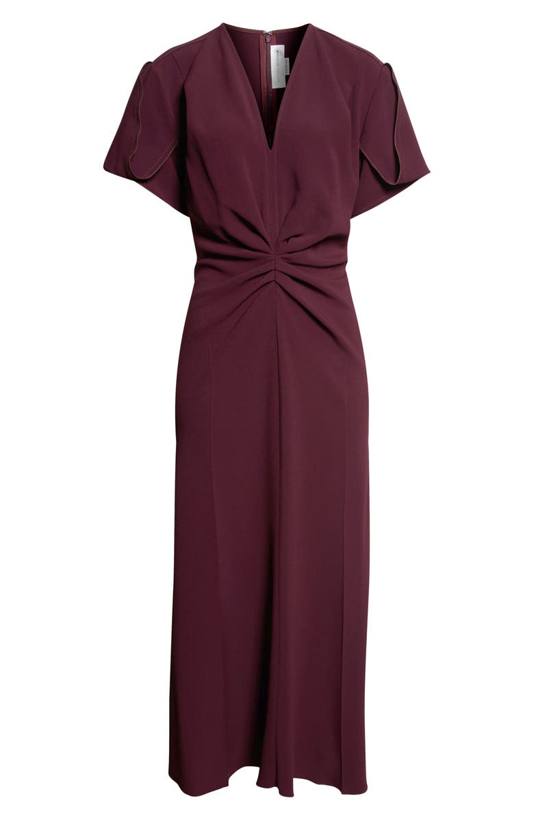 Victoria Beckham Bella Gathered Waist V-Neck Wool Blend Midi Dress, Alternate, color, Merlot