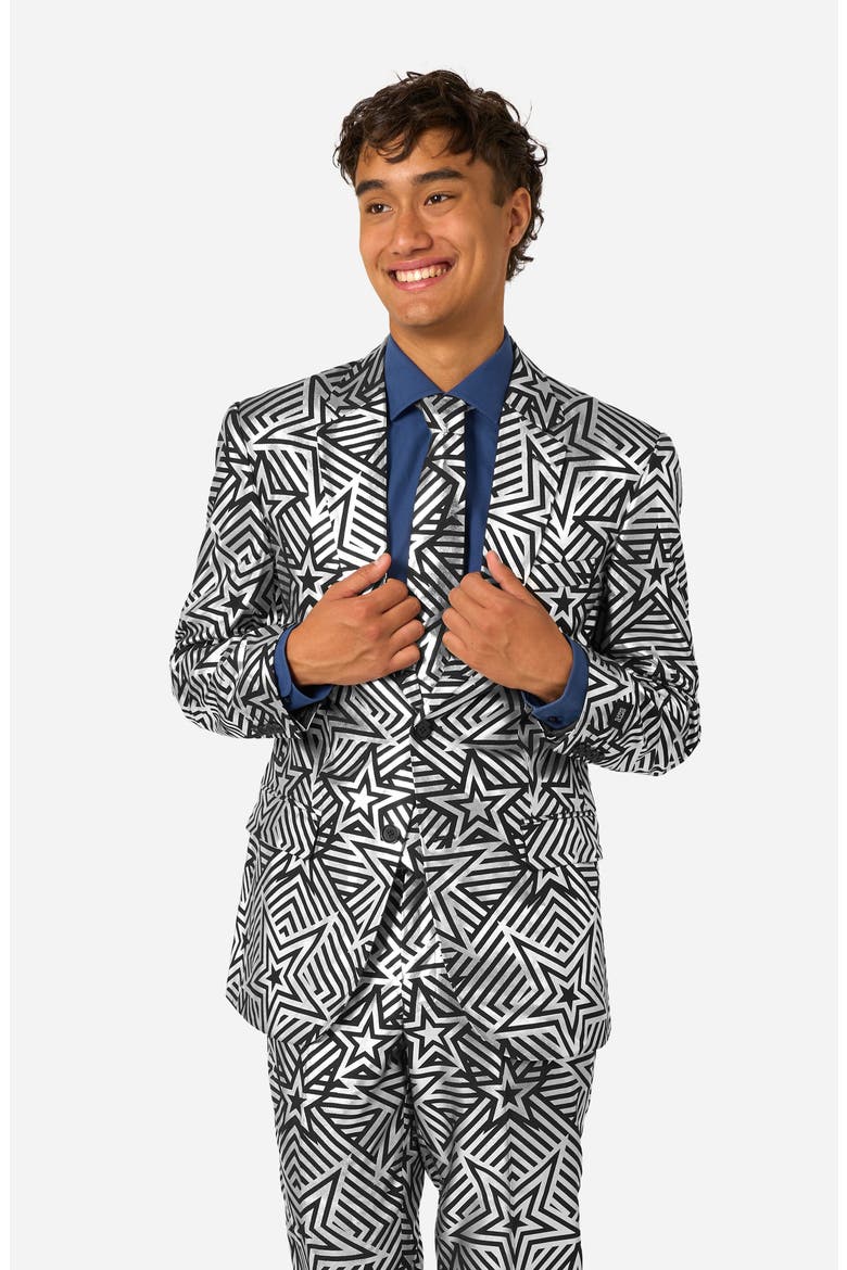 Silver Geo Star Slim Fit Two-Piece Suit & Tie Set, Alternate, color, BLACK/ SILVER