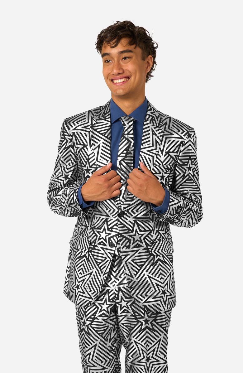 OppoSuits Silver Geo Star Slim Fit Two-Piece Suit 
Tie Set, Alternate, color, Black/ Silver