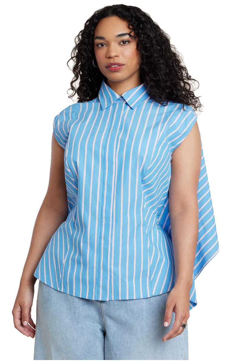 ELOQUII Button Up Shirt With Open Back, Main, color, Azure Stripe
