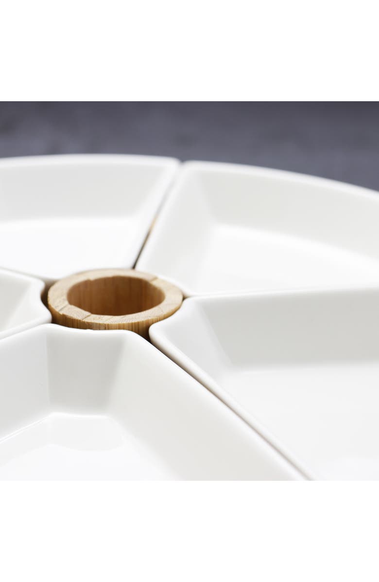 Elama 7 Piece Appetizer Serving Set with 5 Serving Dishes, Center Tooth Pick Holder and Wood Serving Tray, Alternate, color, White