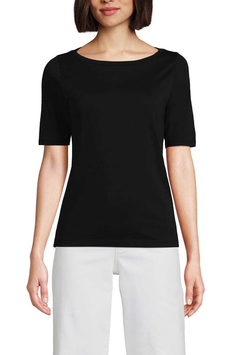 Lands
End Elbow Sleeve Supima Boatneck Top, Main, color, Black