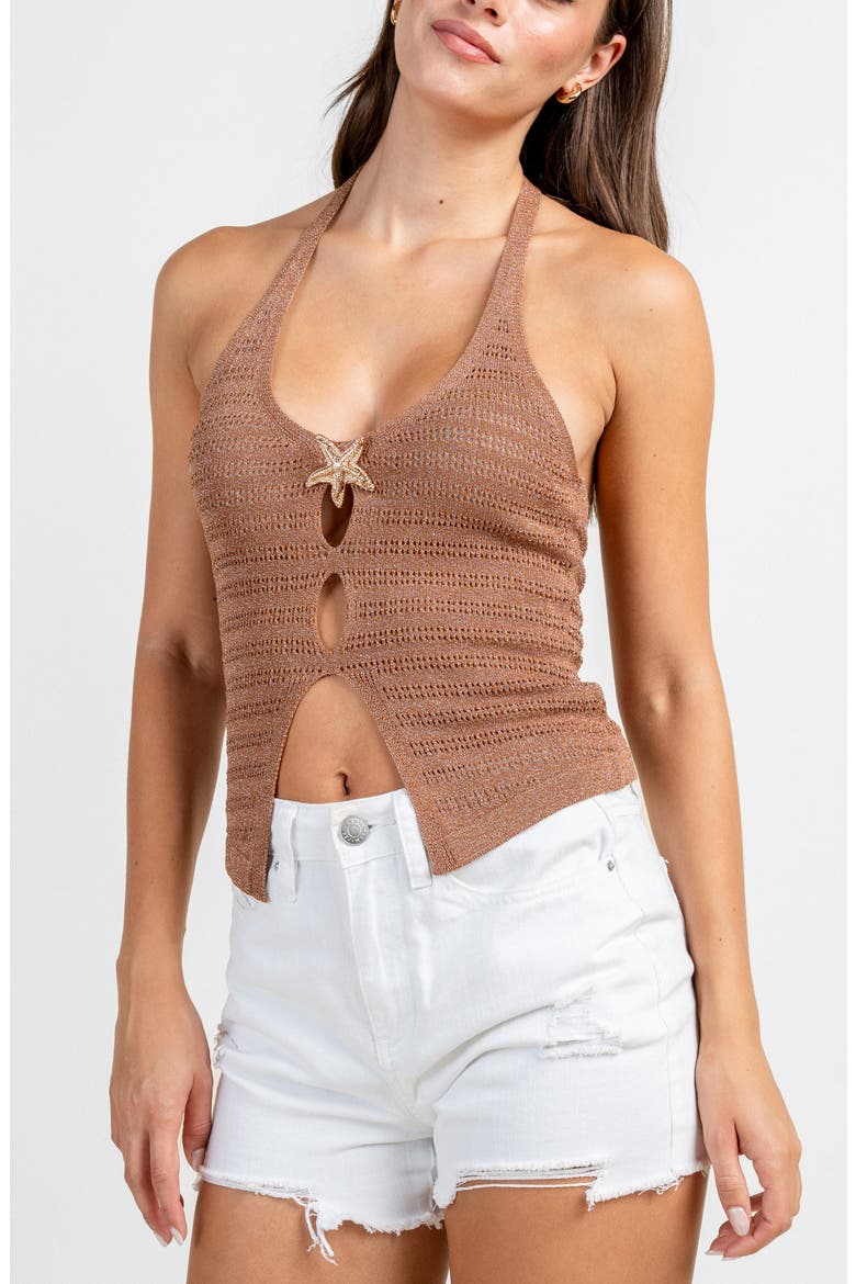 Pointelle Halter Metallic Sweater Top, Alternate, color, TOFFEE