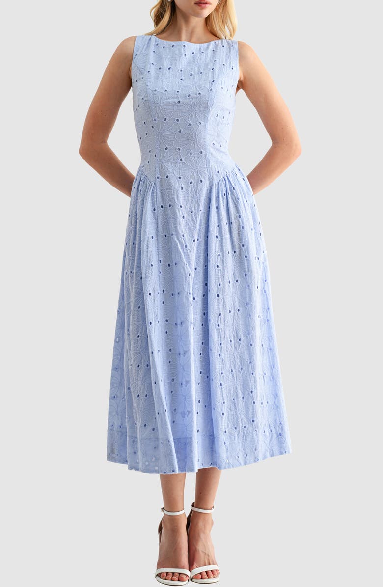 All in Favor Broderie Anglaise Fit & Flare Midi Dress, Main, color, Periwinkle