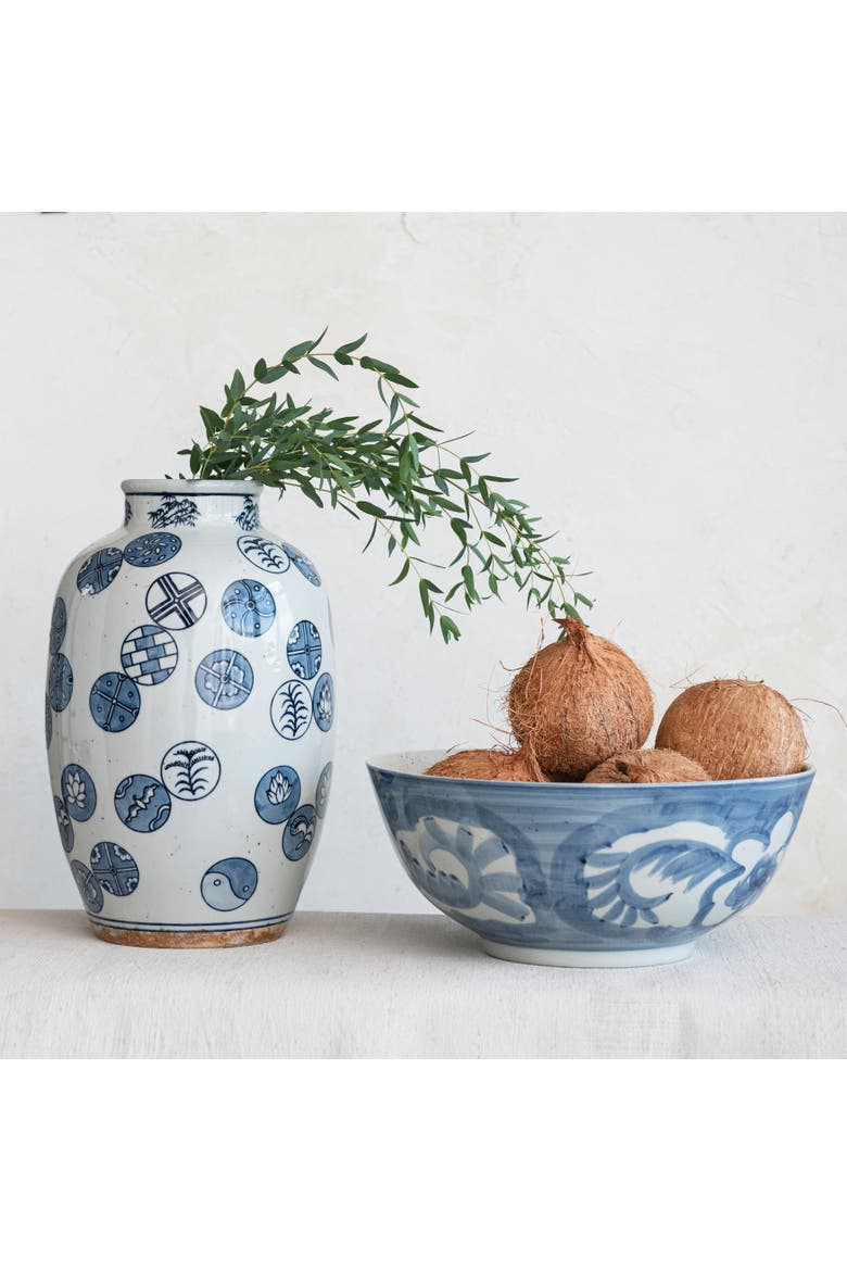 Hand Painted Stoneware Bowl with Floral Design, Blue and White, Alternate, color, Blue