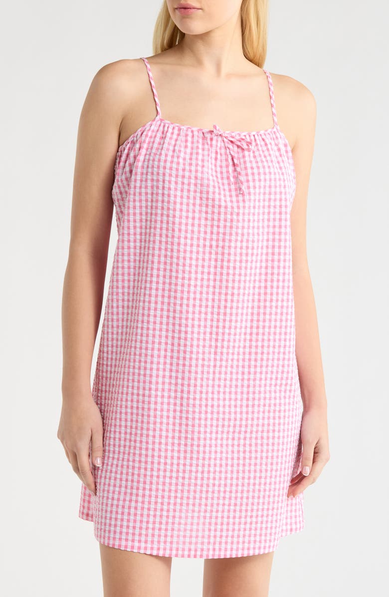 French Connection Gingham Seersucker Chemise, Main, color, Pink Combo