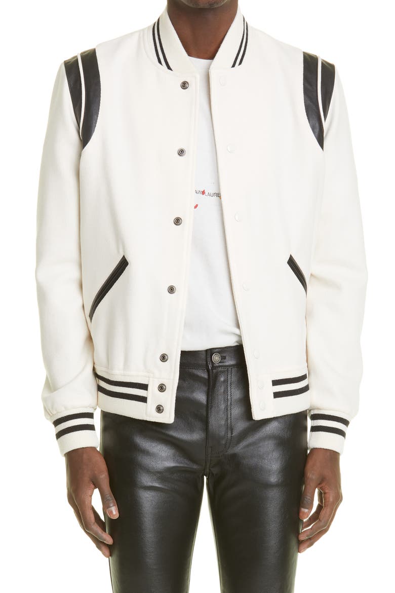 Teddy Stretch Wool Varsity Jacket, Main, color, NATURAL