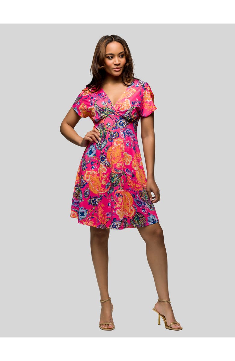 24seven Comfort Apparel Pink Paisley V-Neck Empire Waist Knee Length Dress, Main, color, Pink Multi