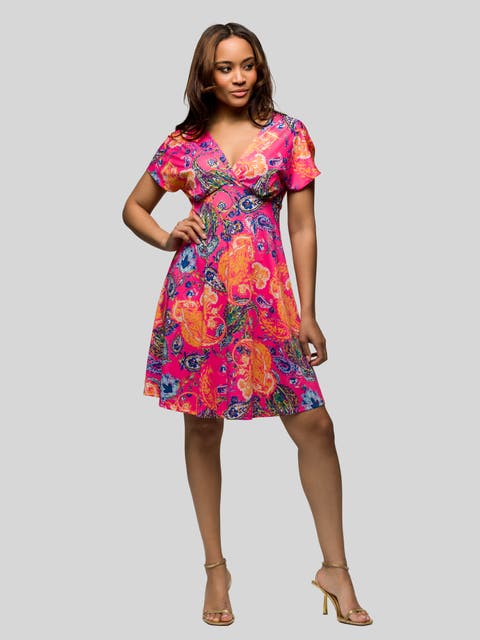 Pink Paisley V-Neck Empire Waist Knee Length Dress