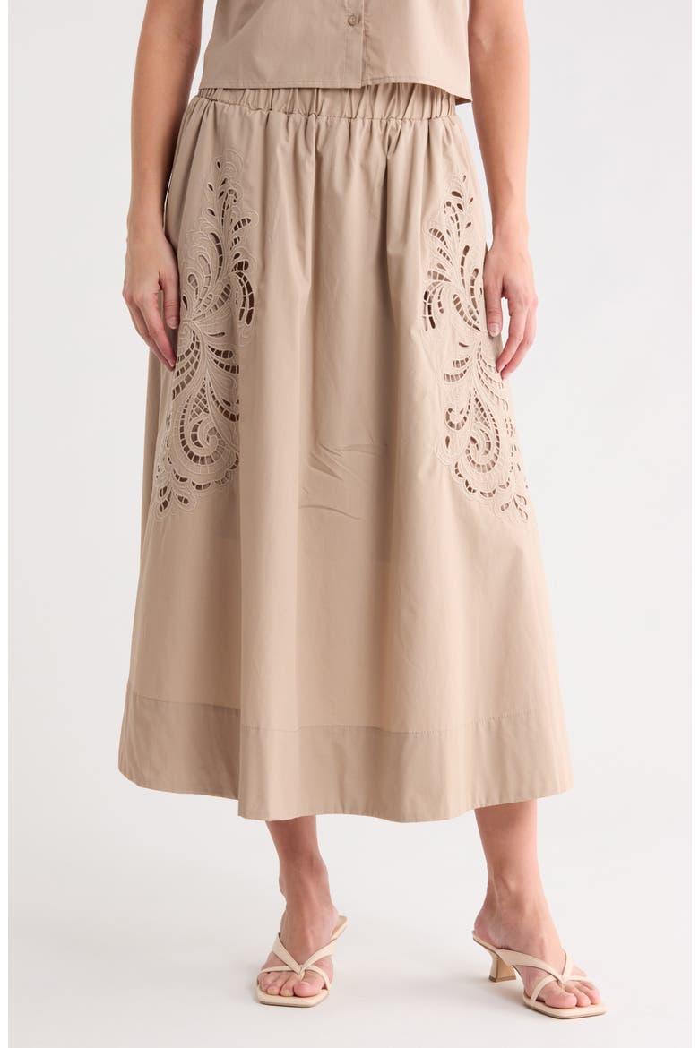 Embroidered Eyelet Poplin Midi Skirt, Main, color, SAFARI