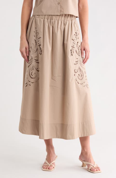 Embroidered Eyelet Poplin Midi Skirt