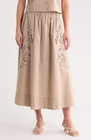 Ellen Tracy Embroidered Eyelet Poplin Midi Skirt