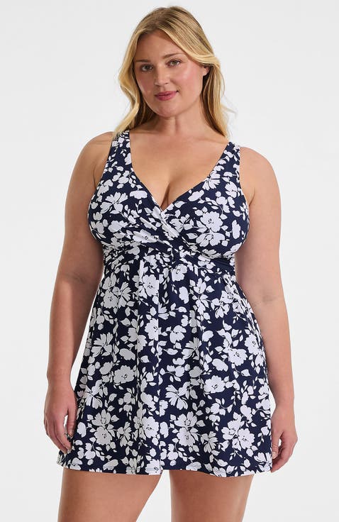 SlenderSuit V-neck Wrap Swim Dress One Piece Swimsuit Adjustable Straps