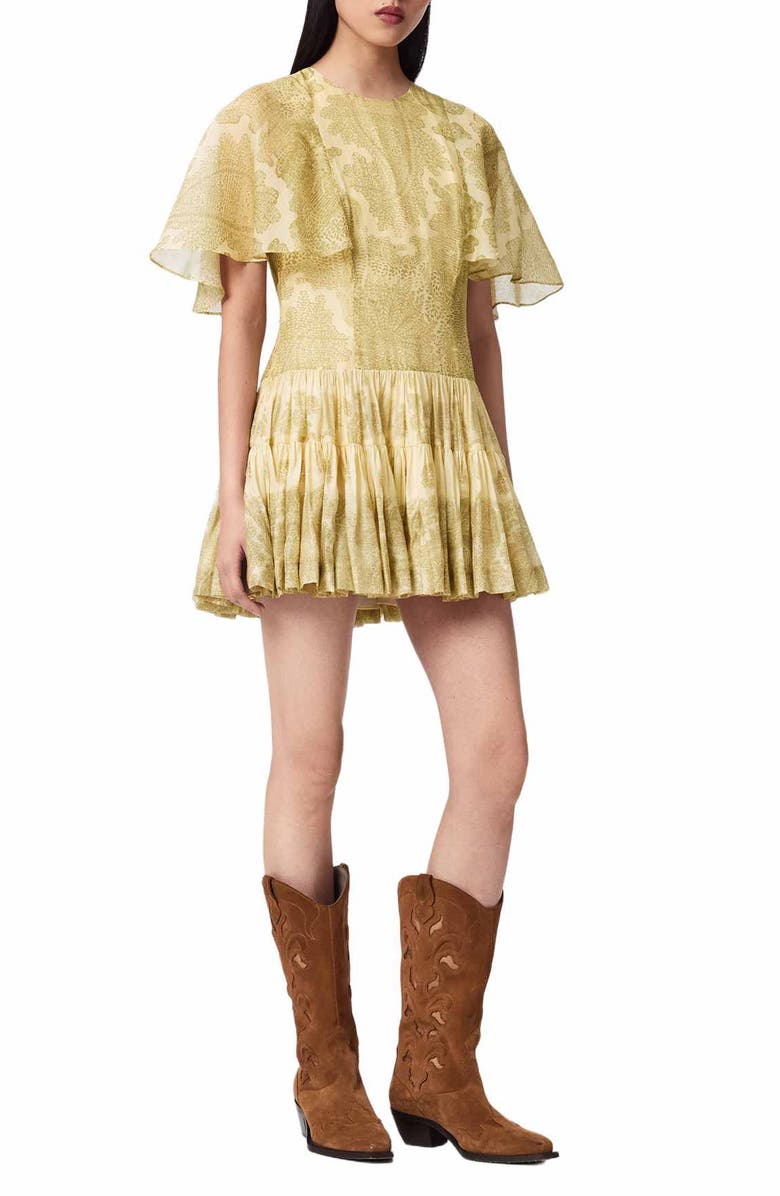 AllSaints Yanna Paisley Floral Tiered Minidress, Main, color, Joanne Gold Green