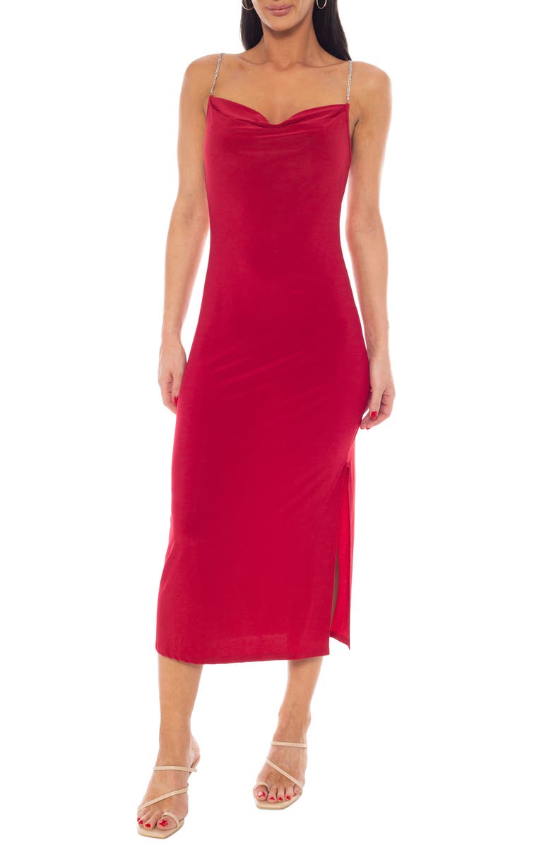 bebe Cowl Neck Rhinestone Strap Midi Dress, Main, color, Red