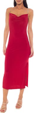 bebe Cowl Neck Rhinestone Strap Midi Dress