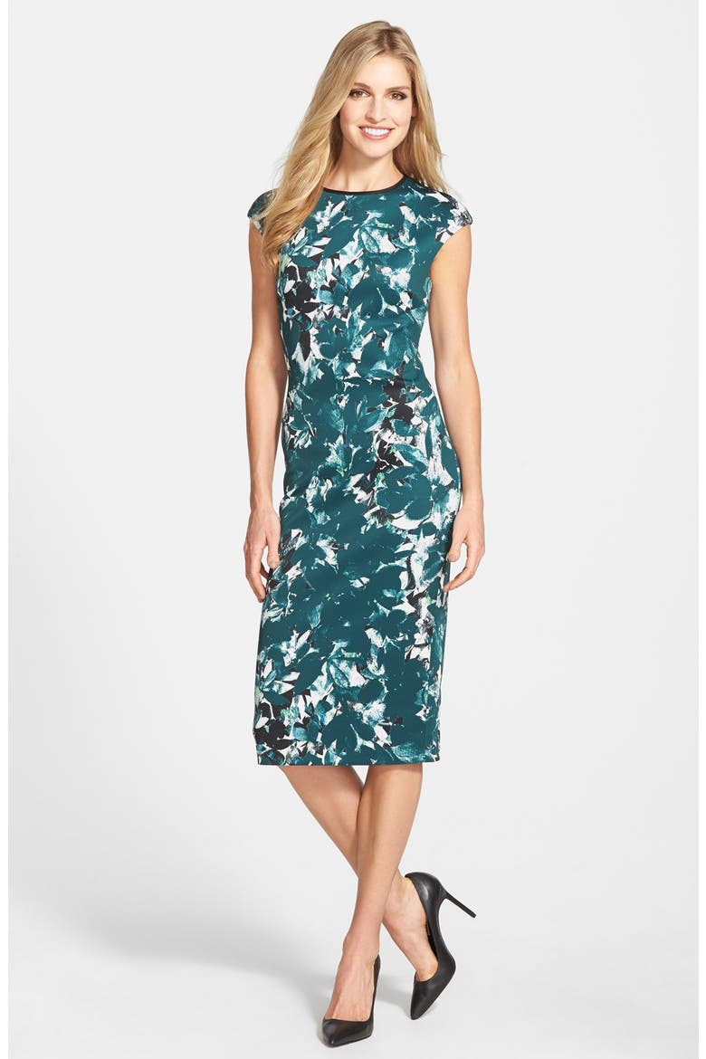 'Shadow Branch' Print Scuba Midi Dress, Main, color, SOFT WHITE/ FOREST GREEN