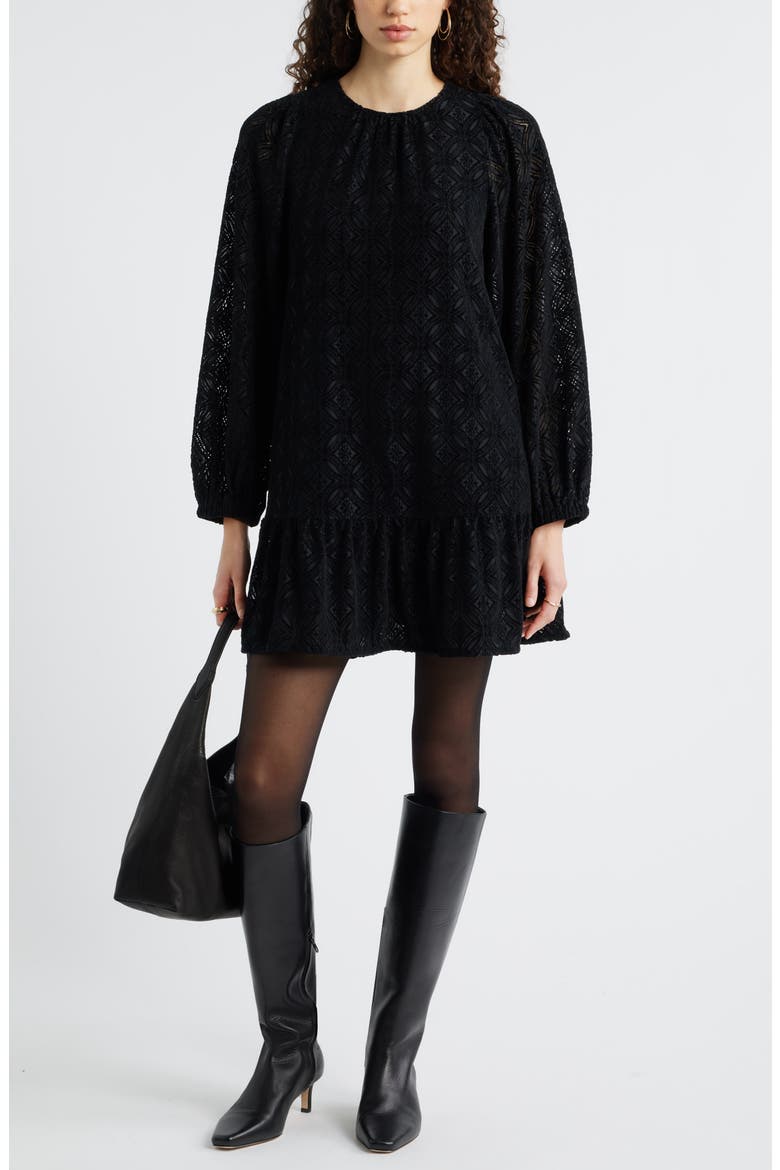Long Sleeve Drop Waist Chenille Minidress, Main, color, BLACK
