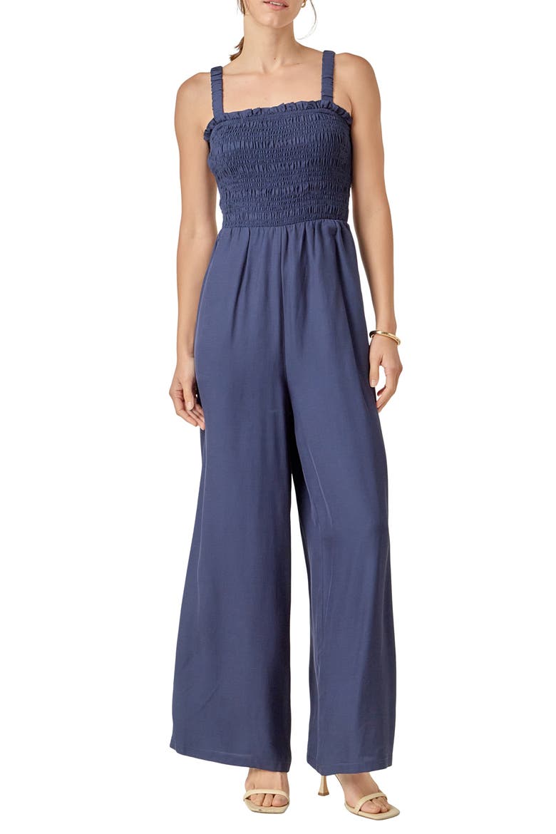 Sleeveless Smocked Jumpsuit, Main, color, NAVY