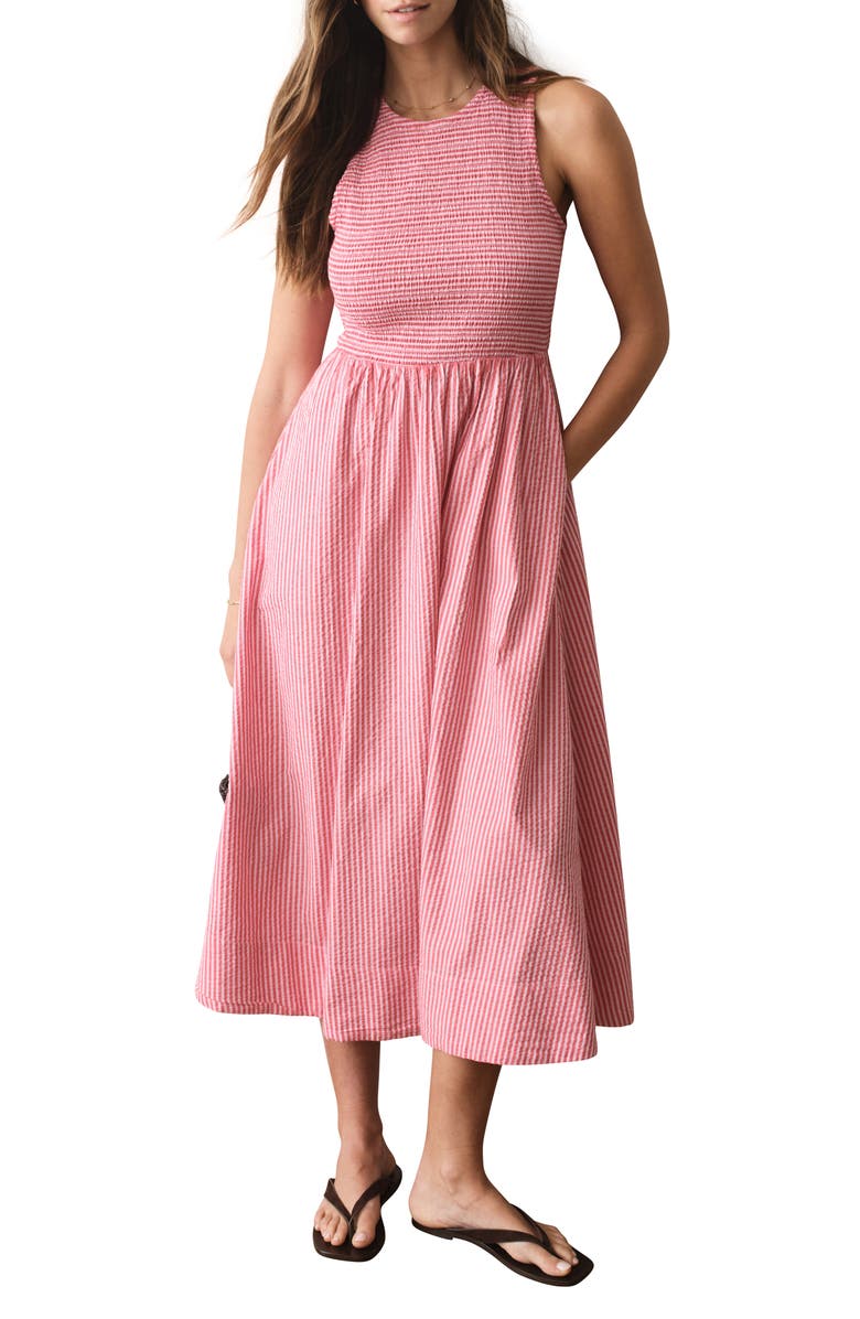 Marine Layer Darcy Stripe Smocked Seersucker Midi Dress, Alternate, color, Pink Stripe