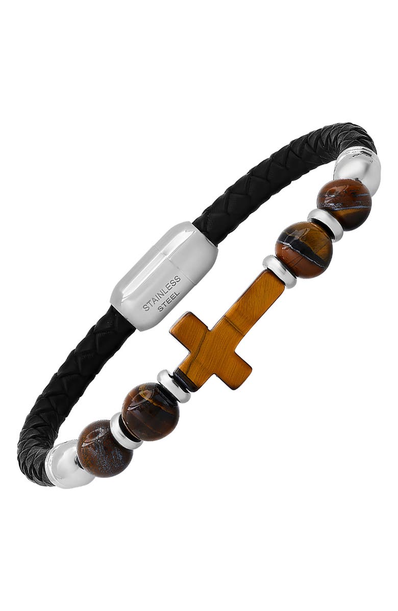 HMY JEWELRY Mens' Bead & Braided Leather Bracelet, Alternate, color, Silver/ Brown/ Black
