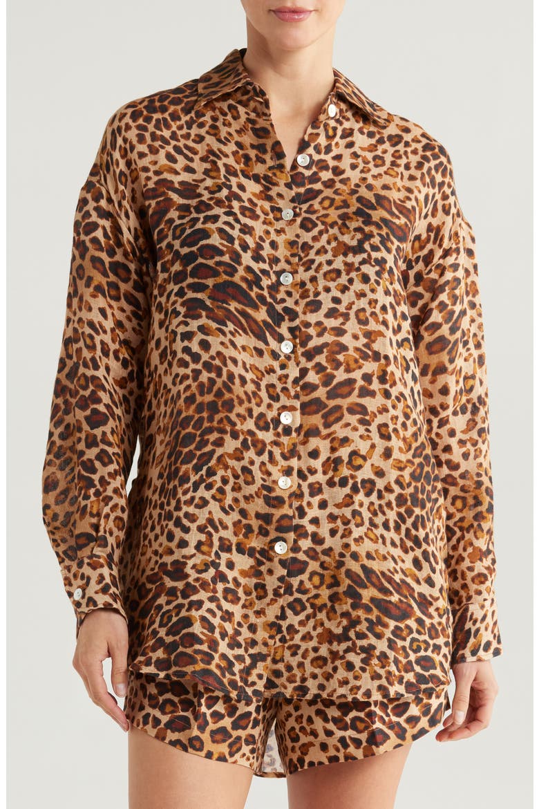 Playa Oversize Linen Cover-Up Shirt, Alternate, color, LUXE LEOPARD
