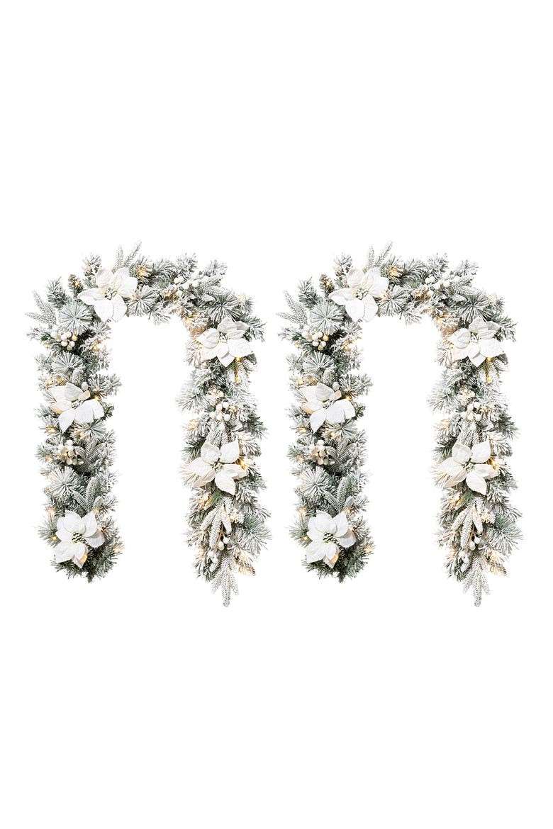 Set of 2 Artificial Poinsettia Christmas Garland with Lights and Timer, Main, color, White