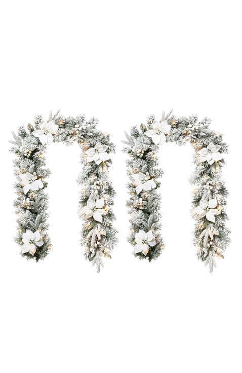 Set of 2 Artificial Poinsettia Christmas Garland with Lights and Timer