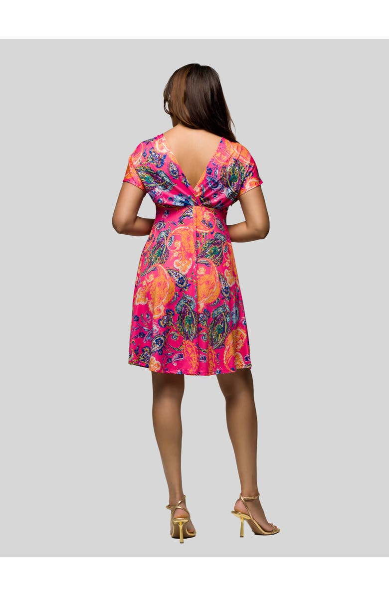 24seven Comfort Apparel Pink Paisley V-Neck Empire Waist Knee Length Dress, Alternate, color, Pink Multi