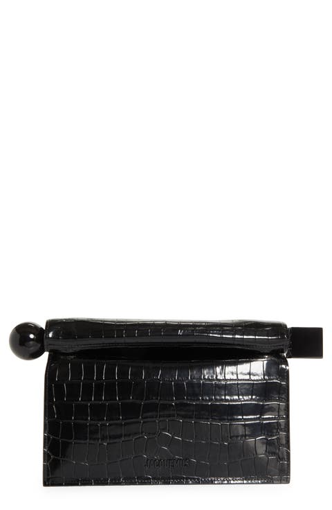 La Pochette Rond Carré Croc Embossed Leather Clutch