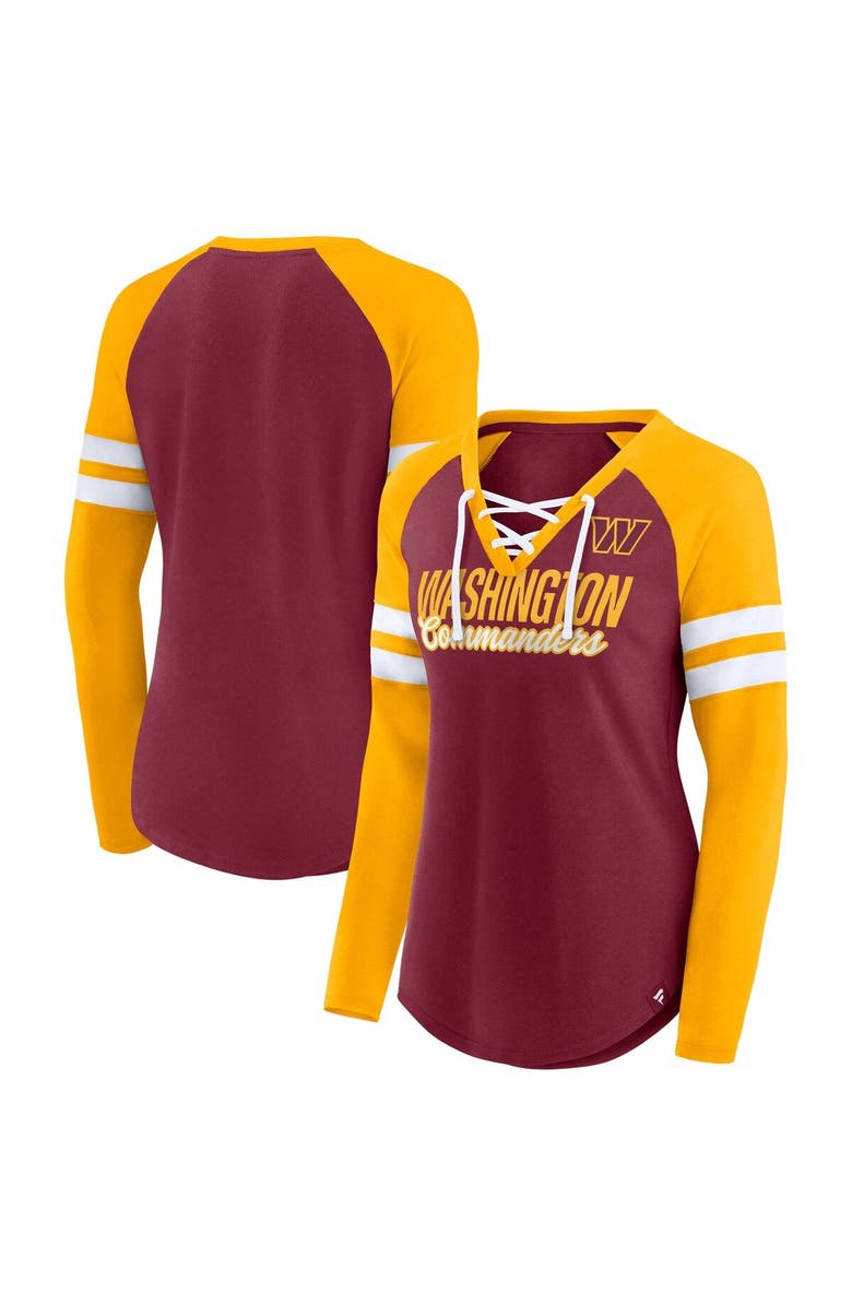 FANATICS Women's Fanatics Branded Burgundy/Gold Washington Commanders True to Form Raglan Lace-Up V-Neck Long Sleeve T-Shirt, Main, color, 